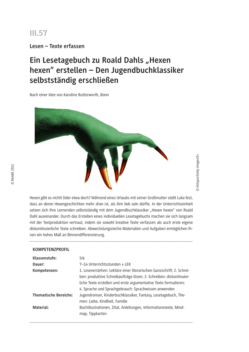 Ein Lesetagebuch zu Roald Dahls „Hexen hexen“ erstellen