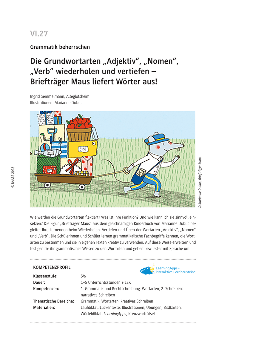 Die Grundwortarten „Adjektiv“, „Nomen“, „Verb“ wiederholen und vertiefen