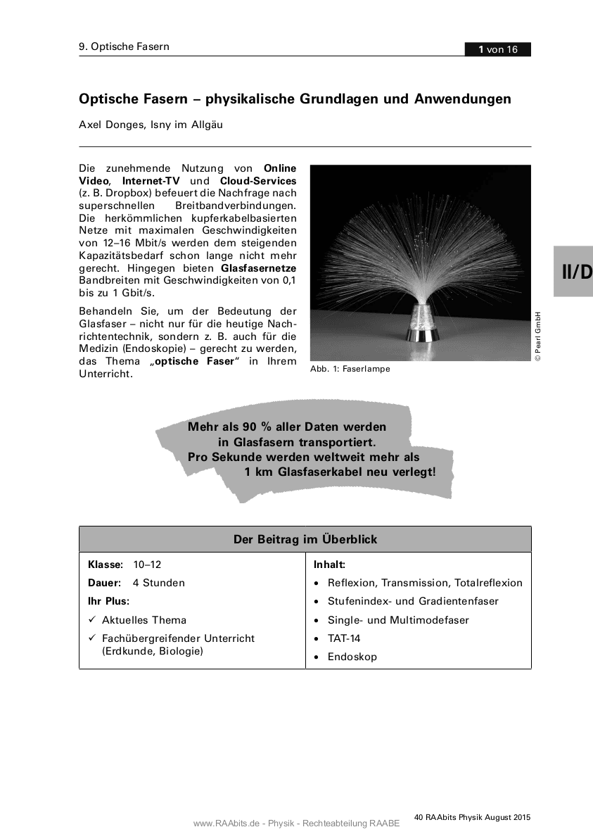 Optische Fasern - physikalische Grundlagen und Anwendungen
