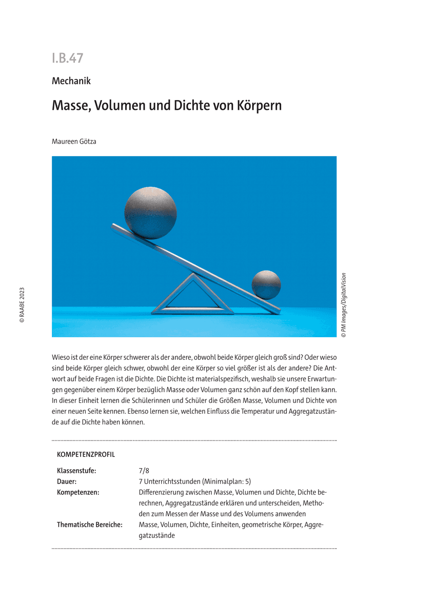 Masse, Volumen und Dichte von Körpern