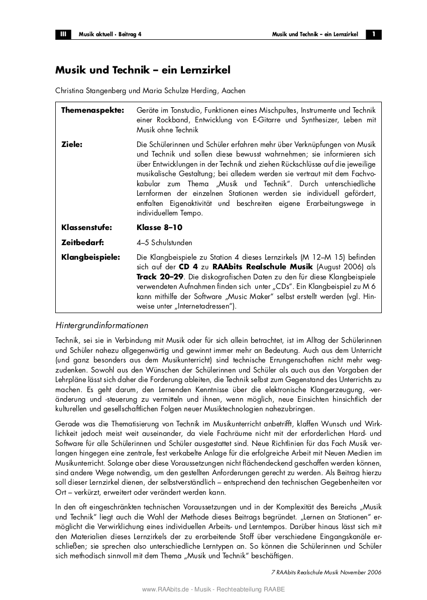Musik und Technik - ein Lernzirkel Zip-Datei: 1 PDF-Datei, 26 S.- 9 MP3-Dateien