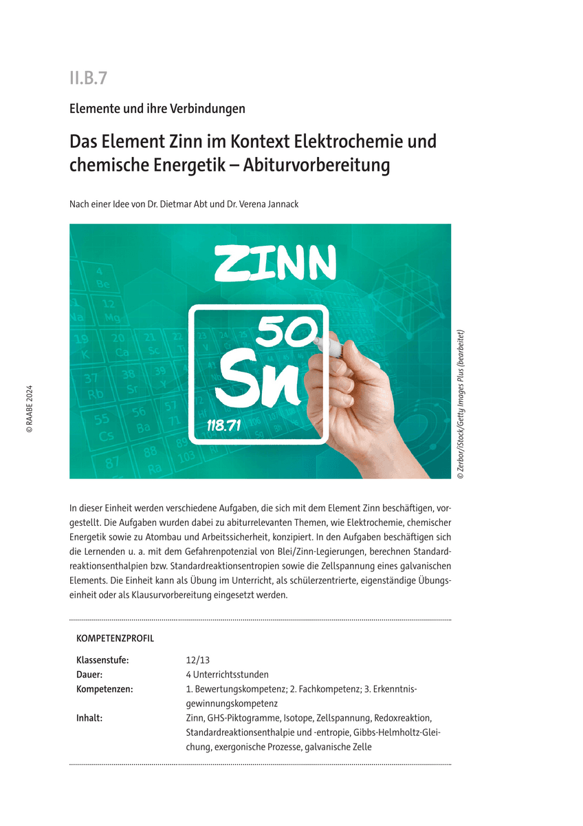 Das Element Zinn im Kontext Elektrochemie und chemische Energetik