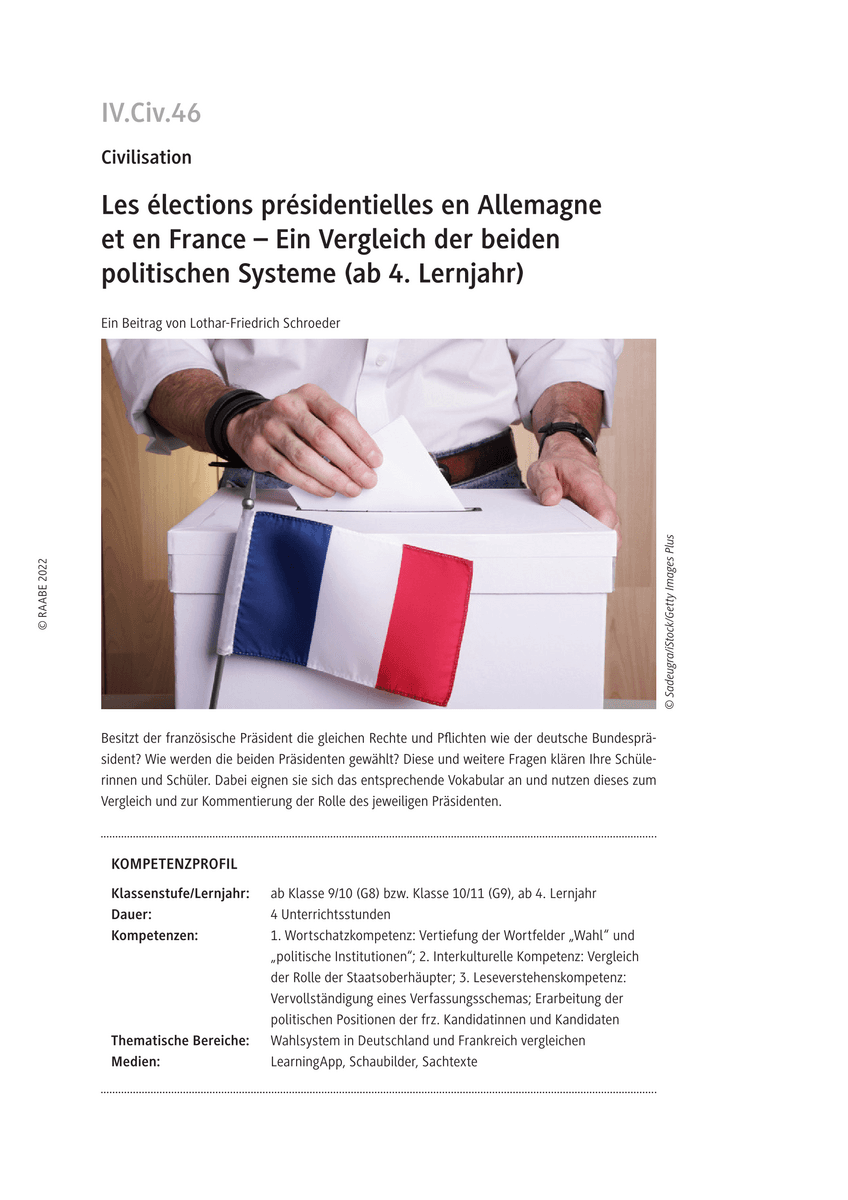 Les élections présidentielles en Allemagne et en France – Ein Vergleich der beiden politischen Systeme (ab 4. Lernjahr)
