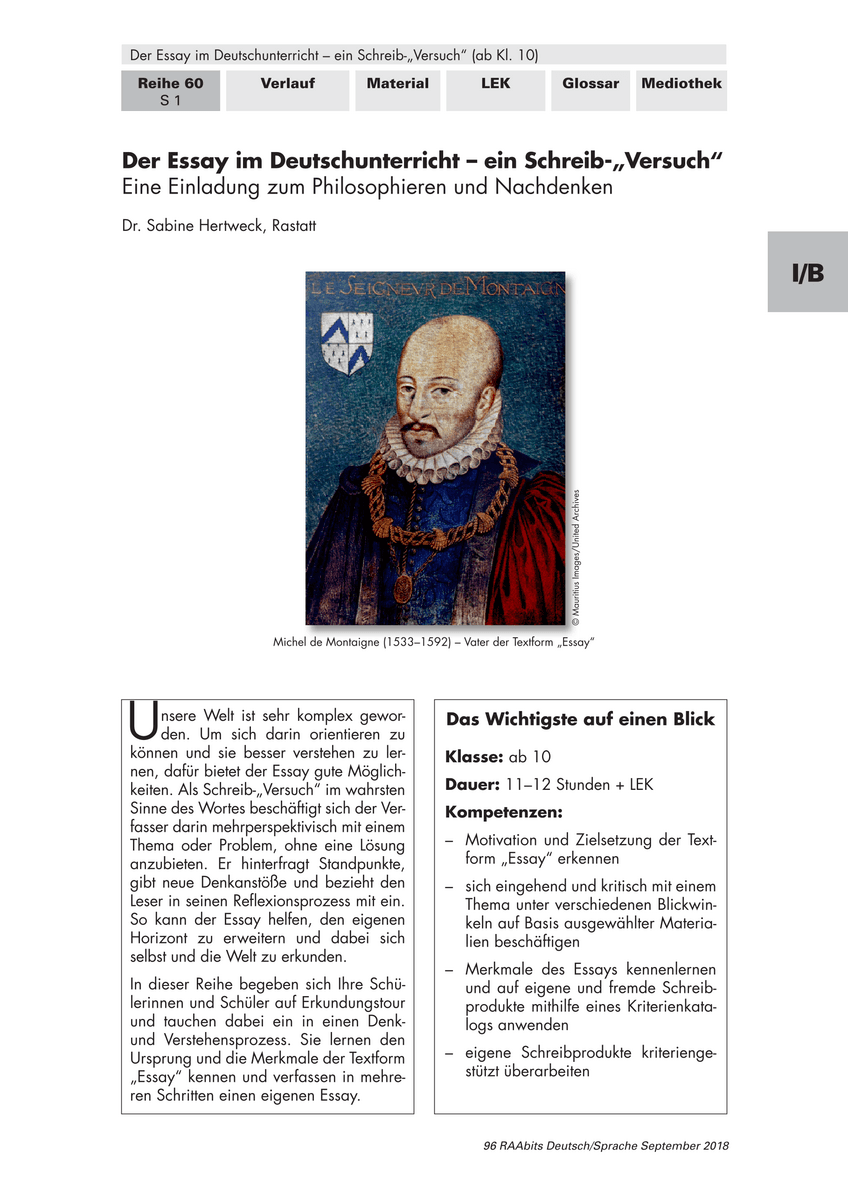 Der Essay im Deutschunterricht – ein Schreib-„Versuch“