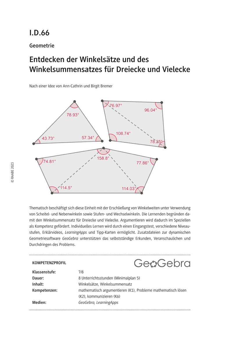 Entdecken der Winkelsätze und des Winkelsummensatz für Dreiecke und Vielecke