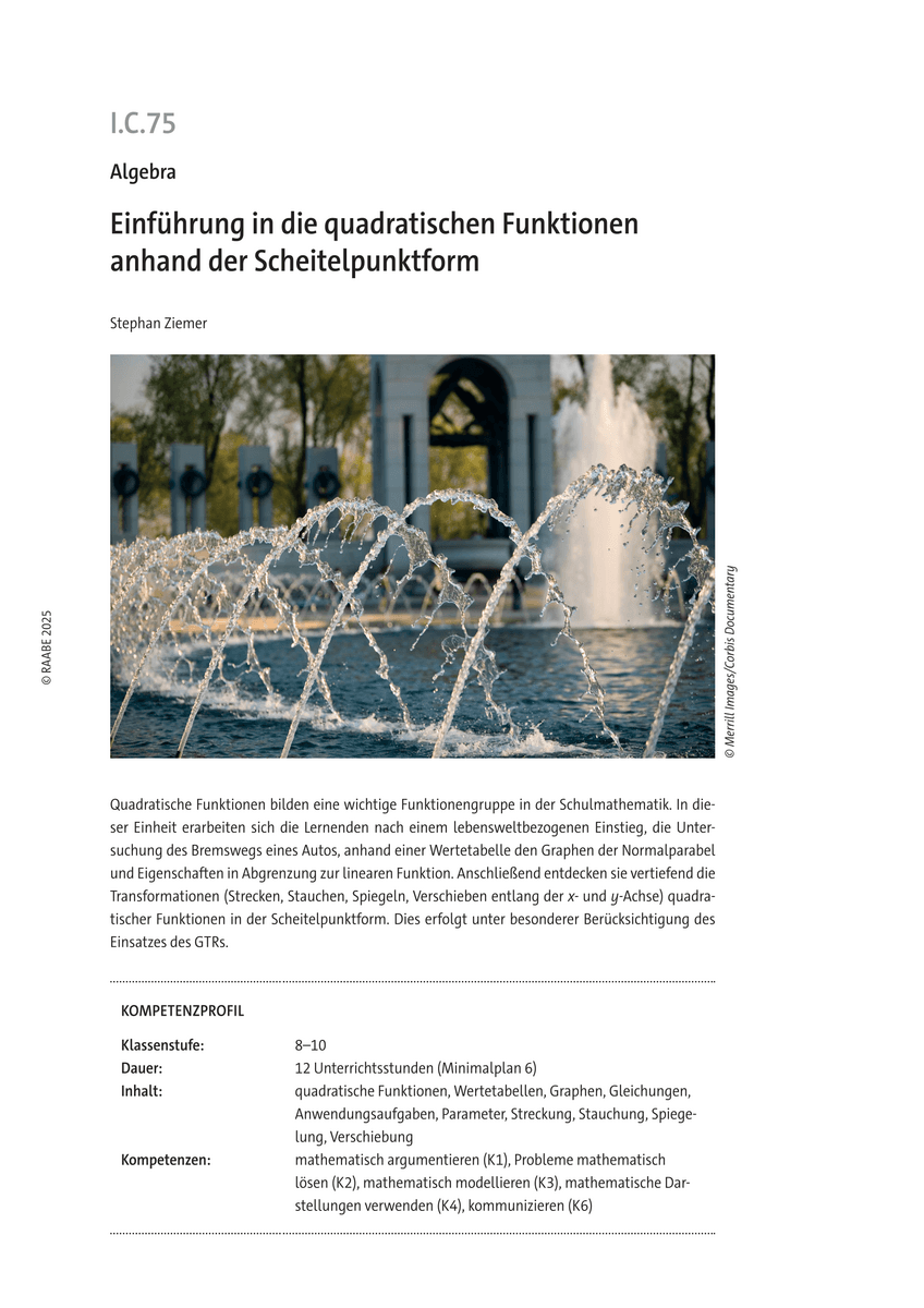 Einführung in die quadratischen Funktionen anhand der Scheitelpunktform
