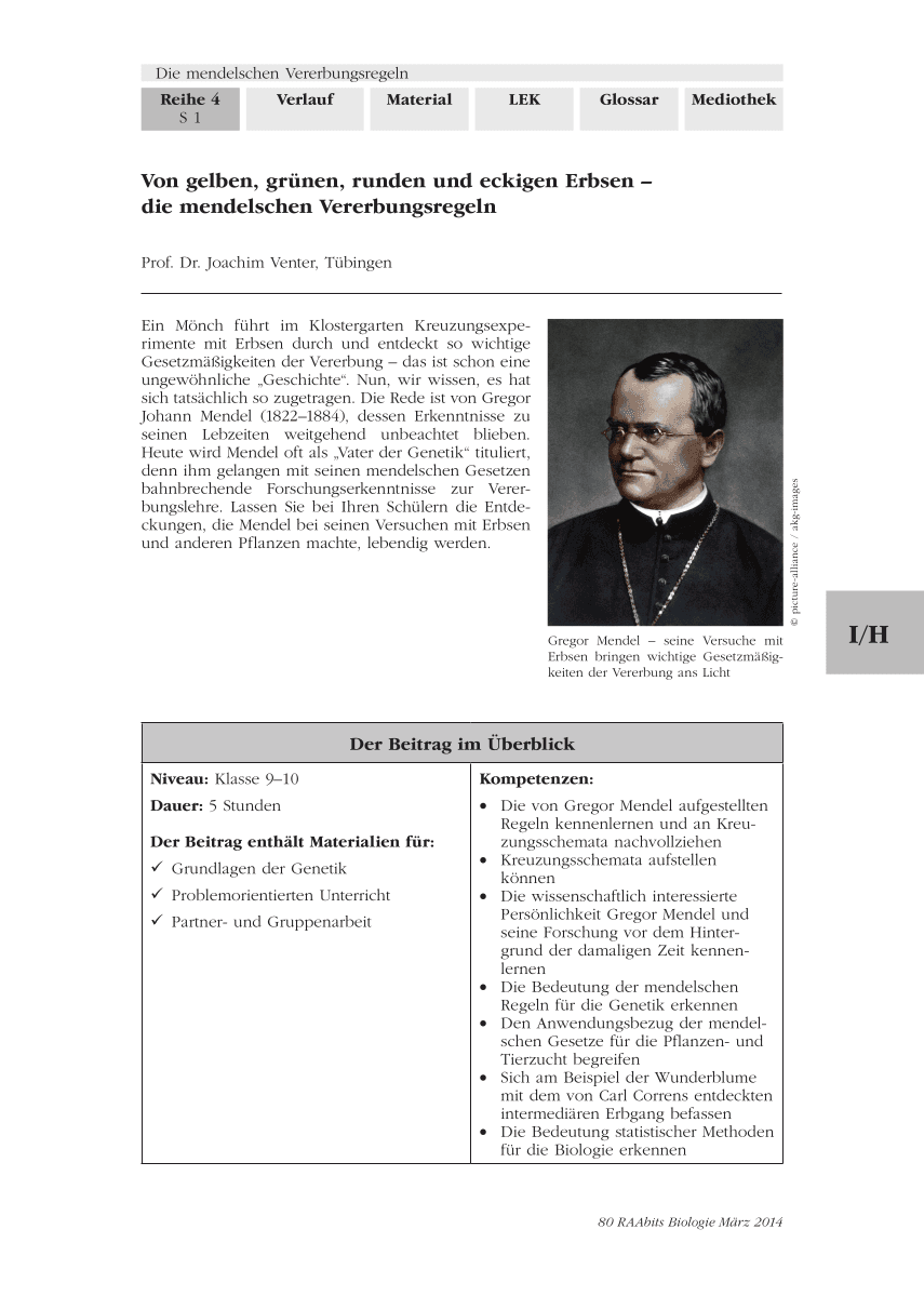 Von gelben, grünen, runden und eckigen Erbsen - die mendelschen Vererbungsregeln