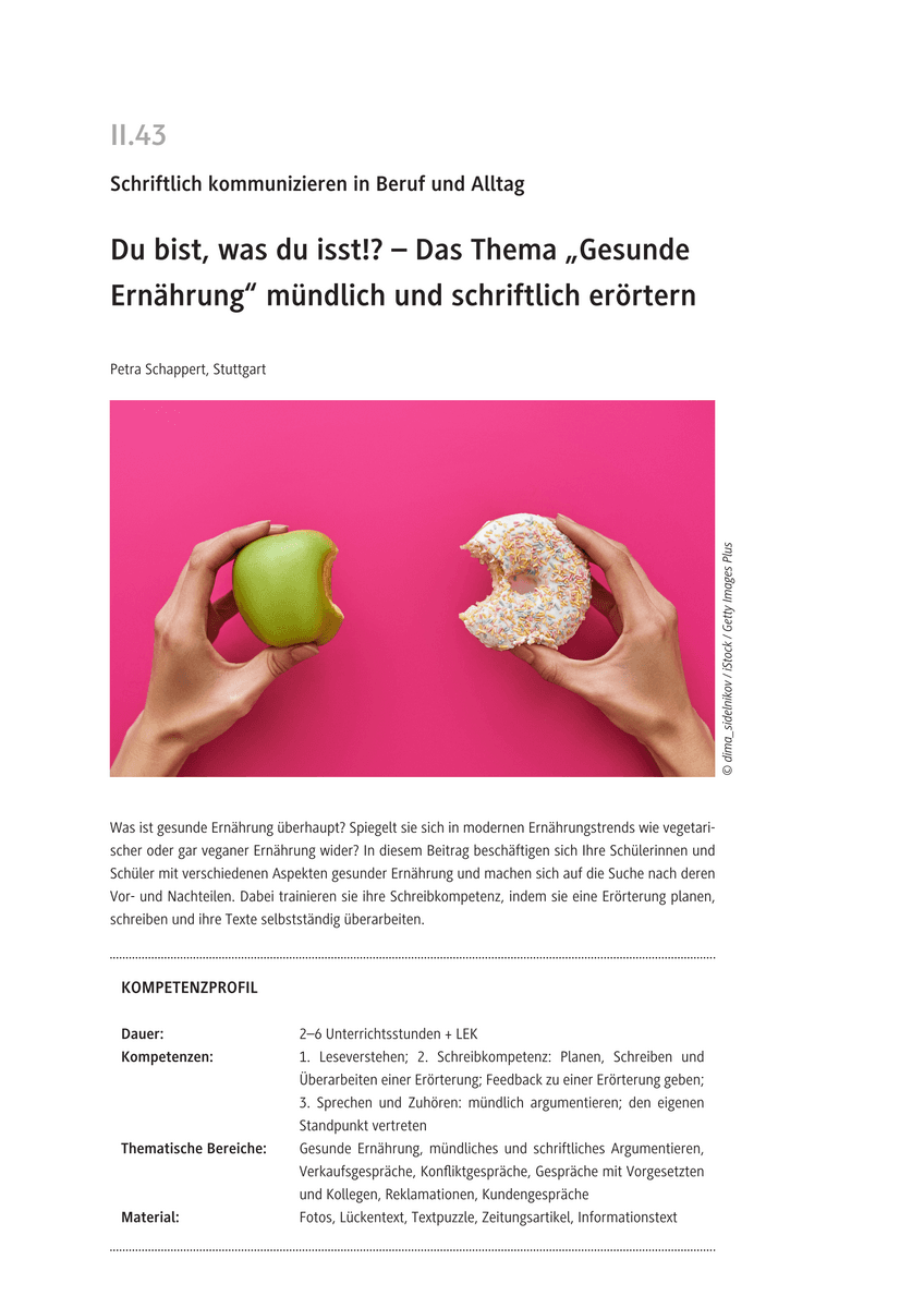 Das Thema „Gesunde Ernährung“ mündlich und schriftlich erörtern