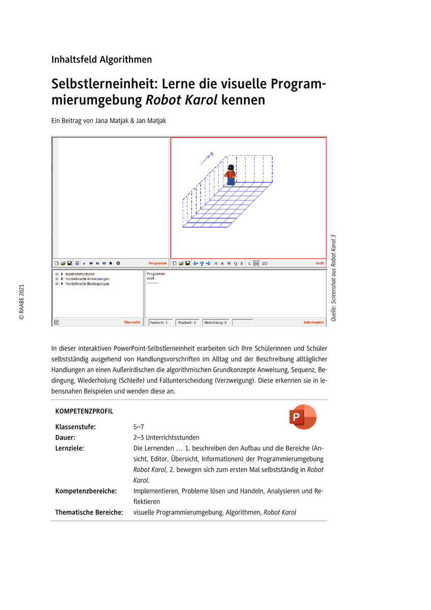 Selbstlerneinheit: Lerne die visuelle Programmierumgebung Robot Karol kennen