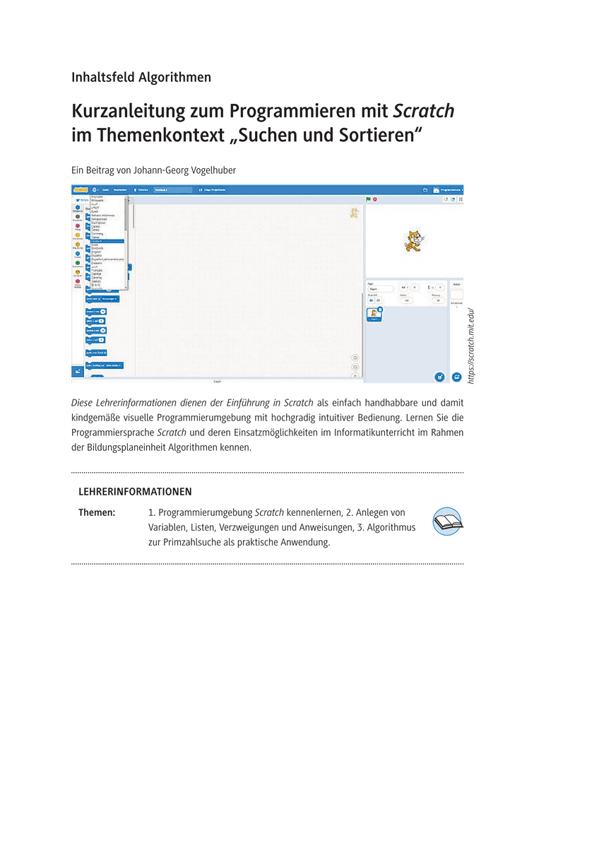 Kurzanleitung zum Programmieren mit Scratch im Themenkontext „Suchen und Sortieren“