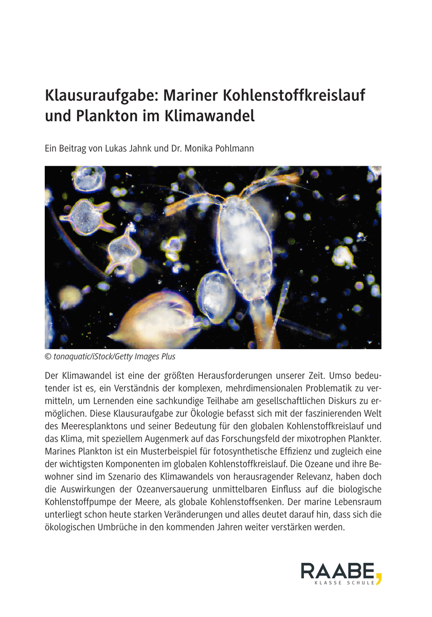 Klausuraufgabe: Mariner Kohlenstoffkreislauf und Plankton im Klimawandel