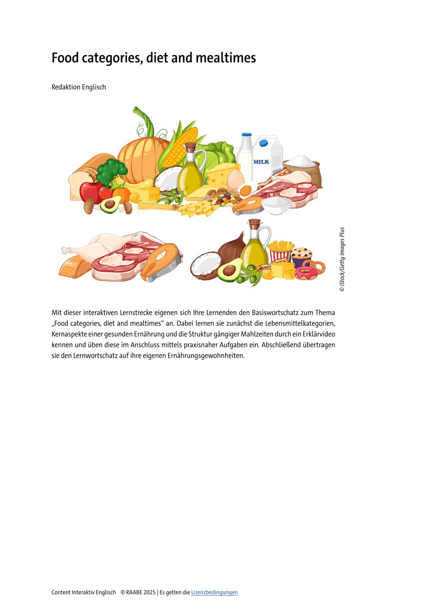 Food categories, diet and mealtimes