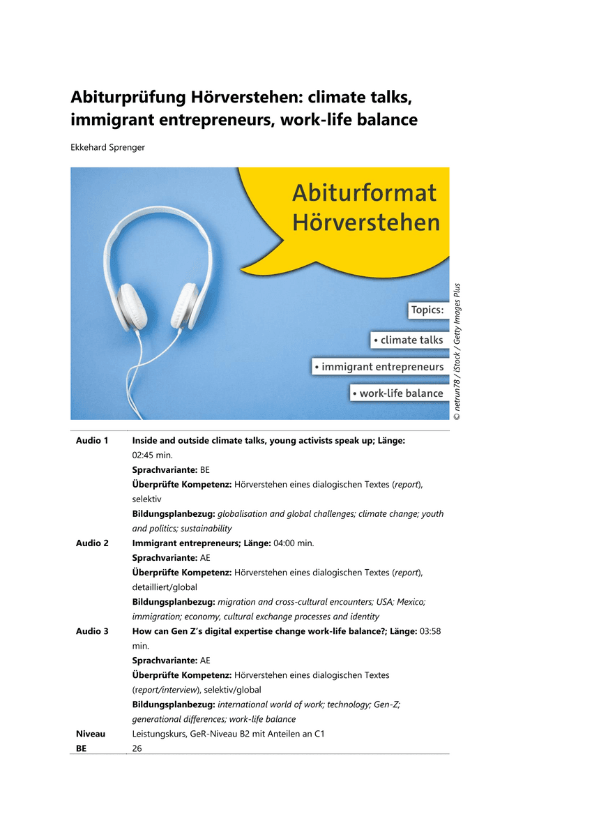 Abiturprüfung Hörverstehen: climate talks, immigrant entrepreneurs, work-life balance