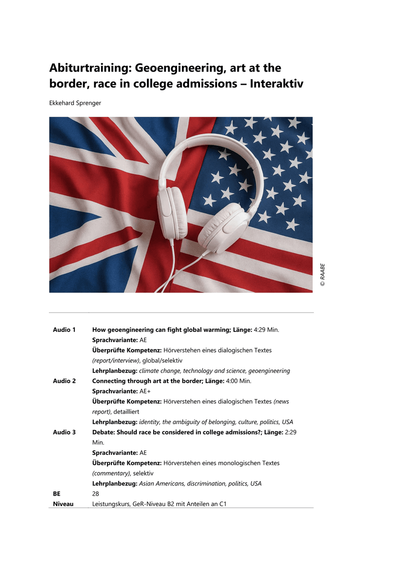 Abiturprüfung Hörverstehen: Geoengineering, art at the border, race in college admissions