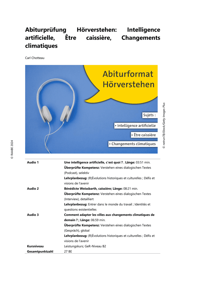 Abiturprüfung Hörverstehen: Intelligence artificielle, Être caissière, Changements climatiques
