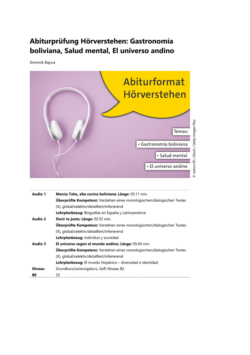 Abiturprüfung Hörverstehen: Gastronomía boliviana, Salud mental, El universo andino
