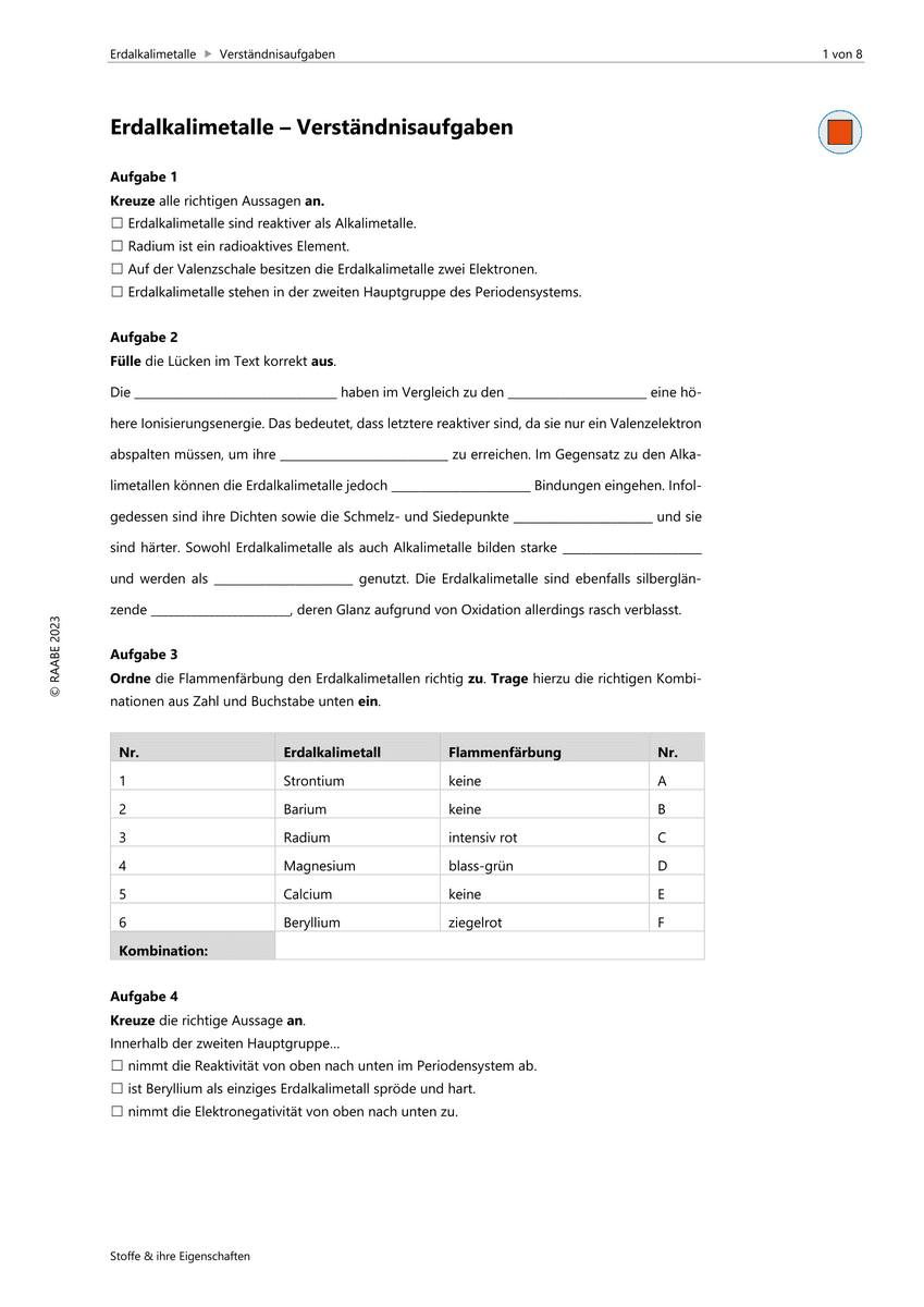 Lernen & Üben: Erdalkalimetalle