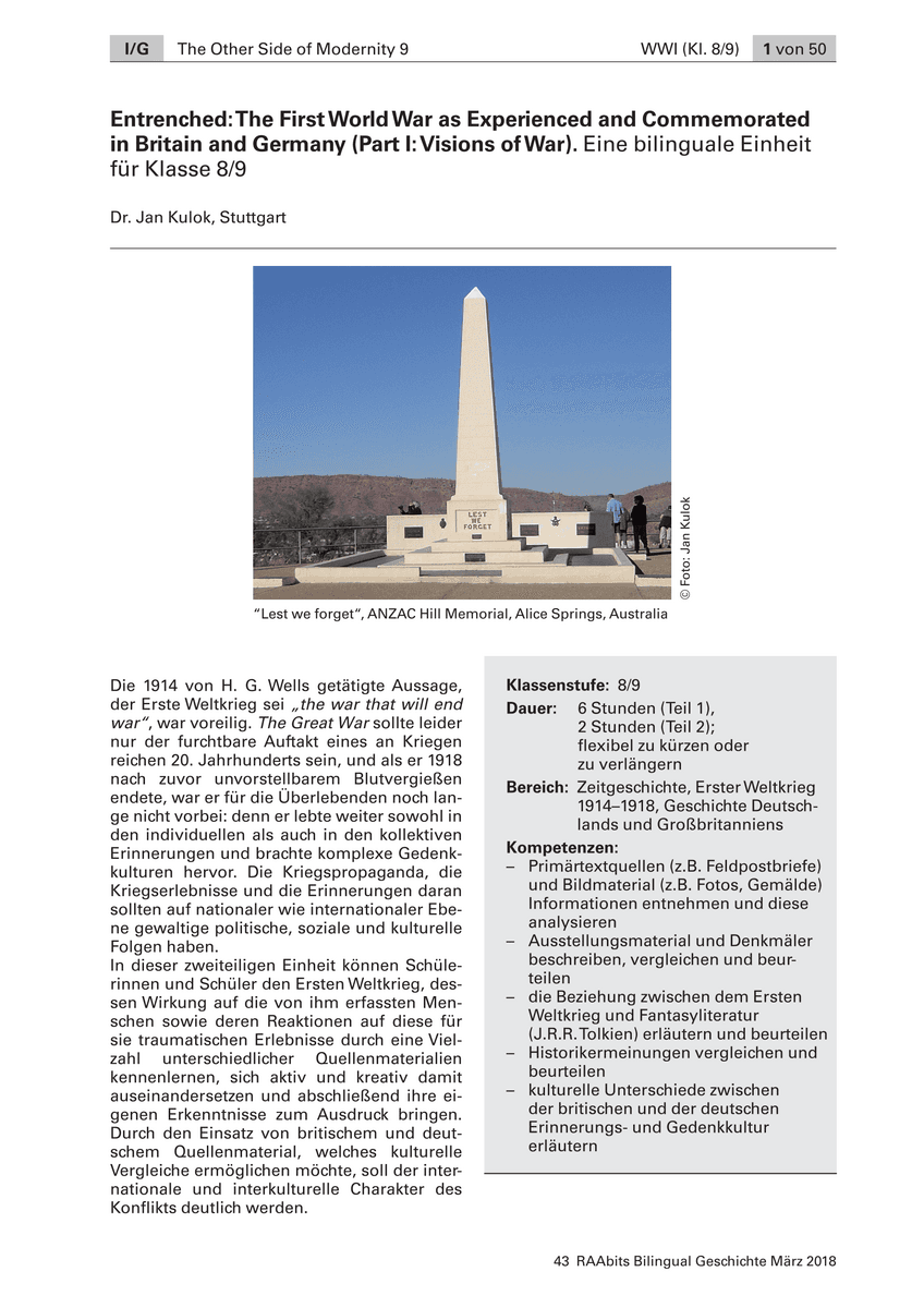Entrenched: WWI as Experienced and Commemorated in Britain and Germany (Part I: Visions of War)