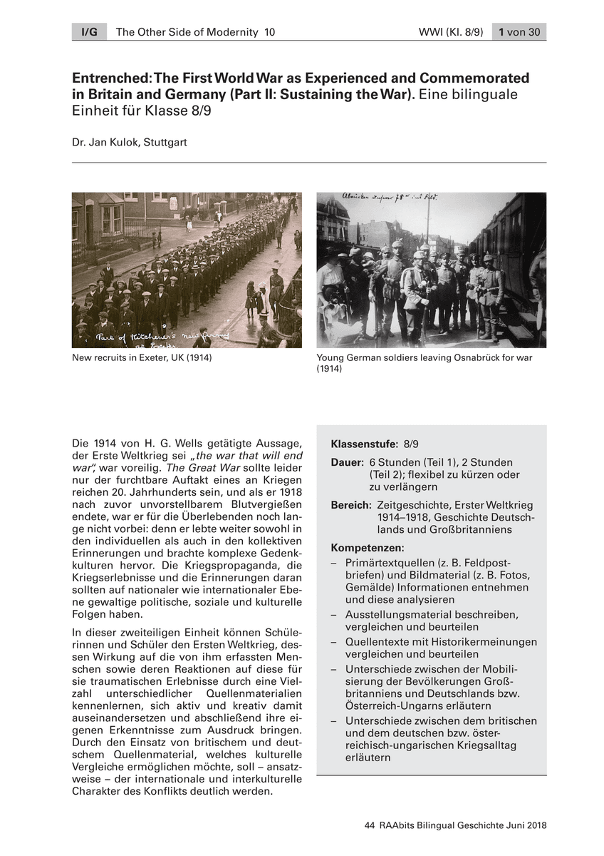 Entrenched: The First World War as Experienced and Commemorated in Britain and Germany (Part II: Sustaining the War)