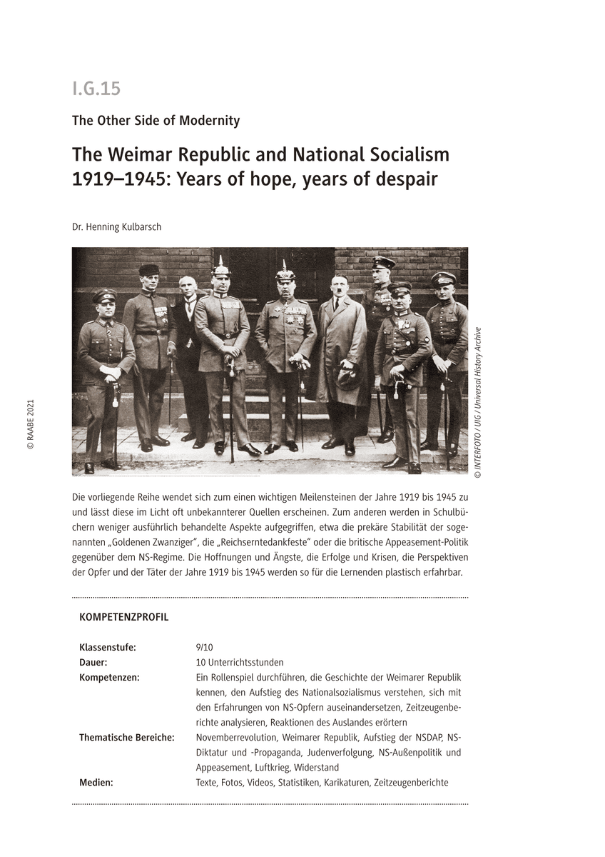 The Weimar Republic and National Socialism 1919 to 1945