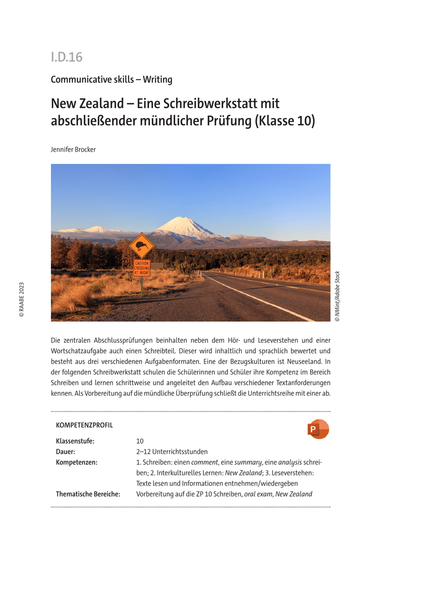 Eine Schreibwerkstatt mit abschließender mündlicher Prüfung zu "New Zealand"