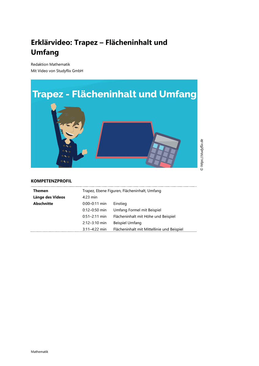 Lernen: Erklärvideo Trapez – Flächeninhalt und  Umfang