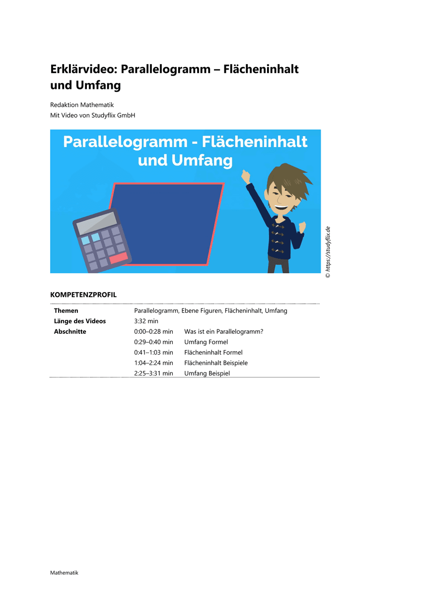 Lernen: Erklärvideo Parallelogramm – Flächeninhalt und Umfang