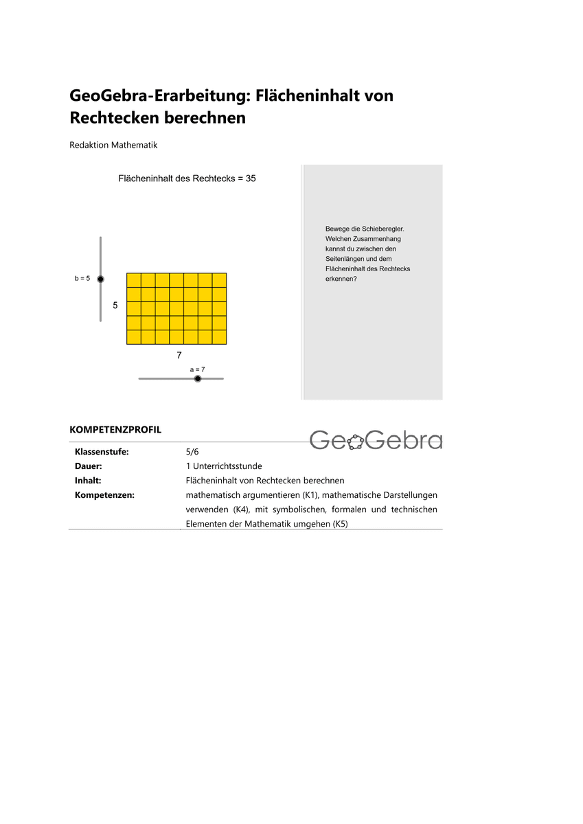 GeoGebra-Erarbeitung: Flächeninhalt von Rechtecken berechnen
