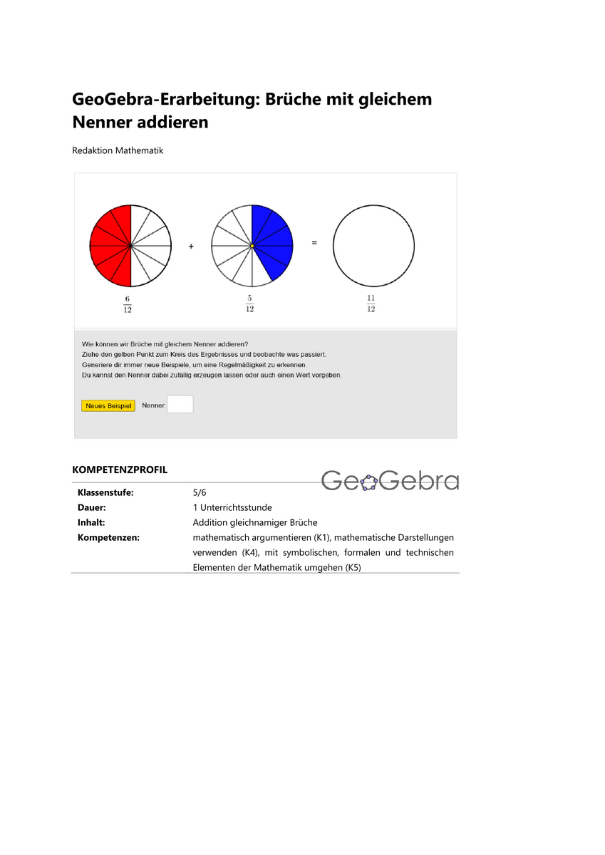 GeoGebra-Erarbeitung: Brüche mit gleichem Nenner addieren