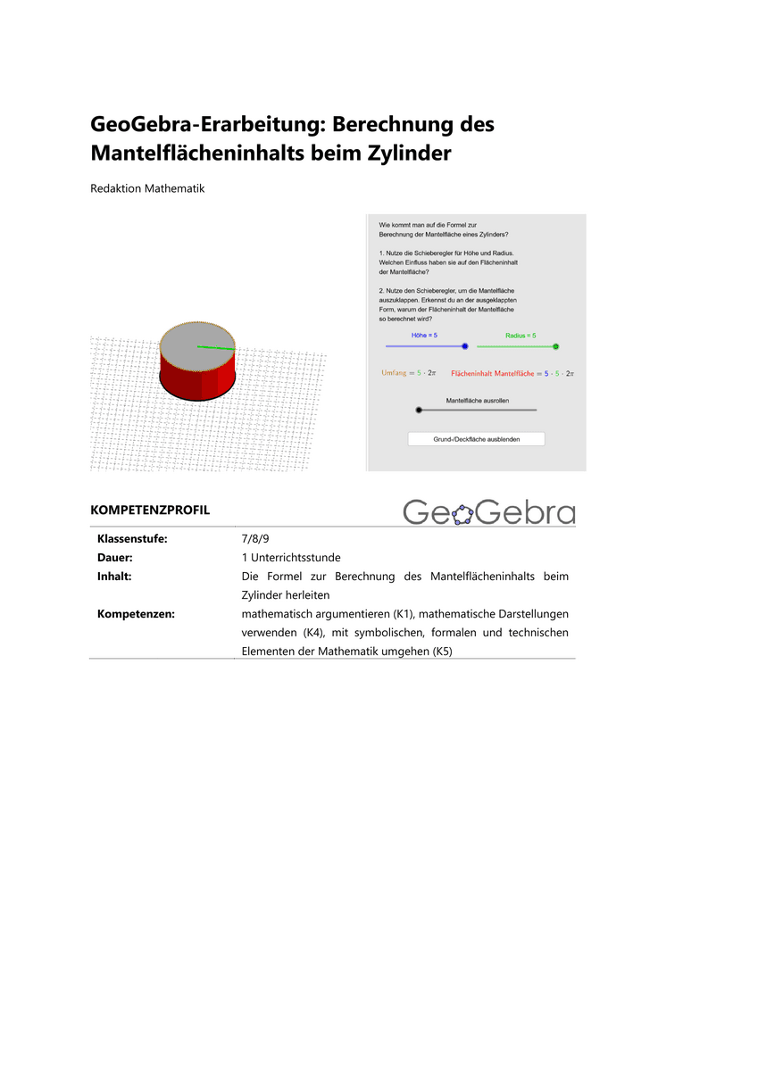 GeoGebra-Erarbeitung: Berechnung des Mantelflächeninhalts beim Zylinder
