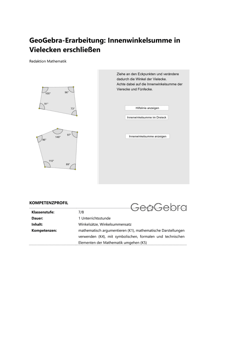 GeoGebra-Erarbeitung: Innenwinkelsumme in Vielecken erschließen