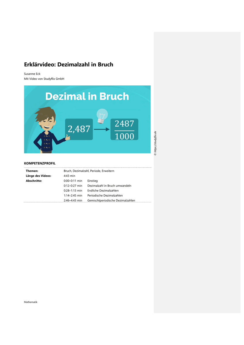 Erklärvideo: Dezimalzahl in Bruch