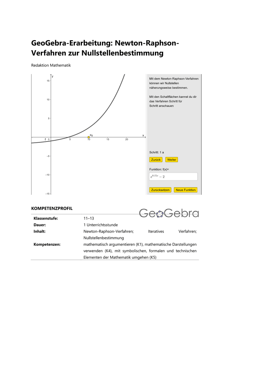 GeoGebra-Erarbeitung: Newton-Raphson-Verfahren zur Nullstellenbestimmung