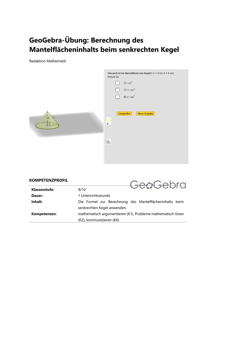 Üben: GeoGebra Berechnung des Mantelflächeninhalts beim senkrechten Kegel