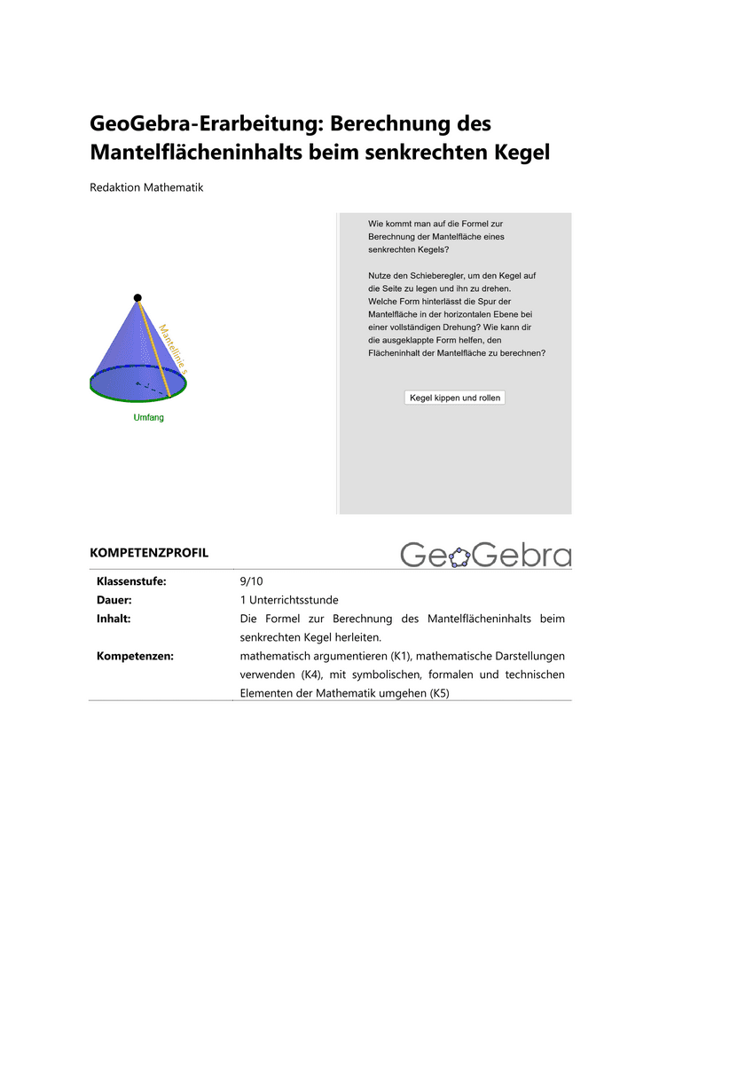 GeoGebra-Erarbeitung: Berechnung des Mantelflächeninhalts beim senkrechten Kegel
