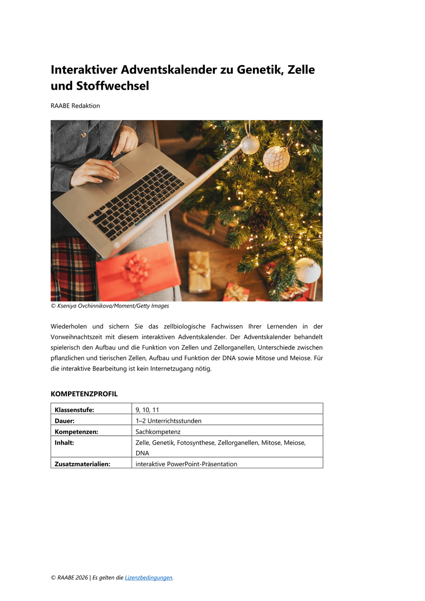 Interaktiver Adventskalender zu Genetik, Zelle und Stoffwechsel