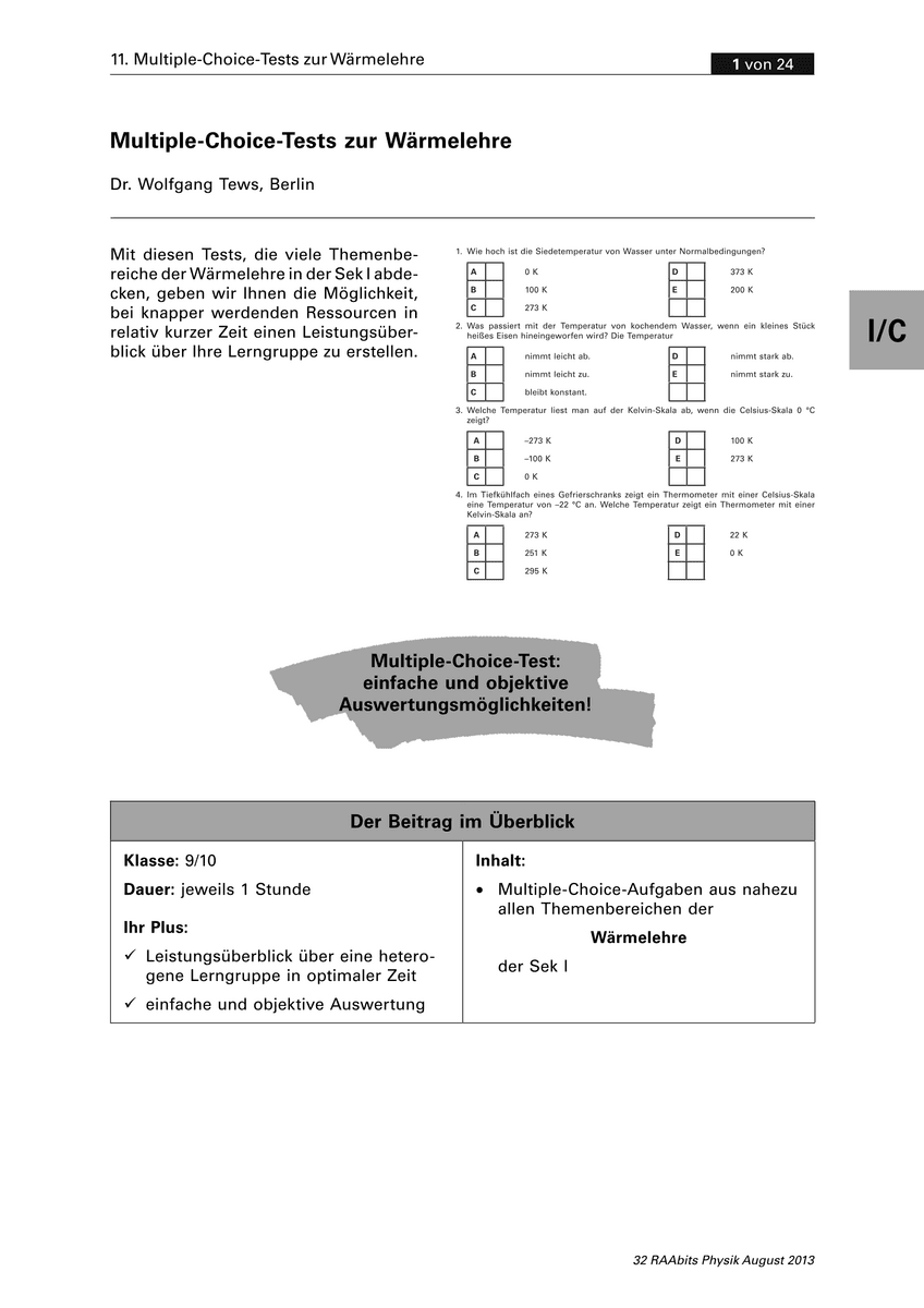 Multiple-Choice-Tests zur Wärmelehre Multiple-Choice-Tests zur Wärmelehre