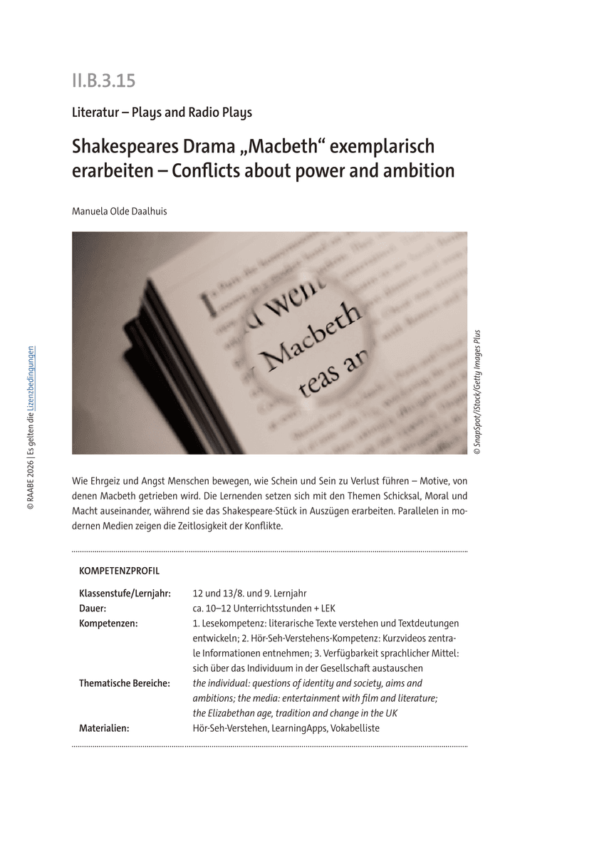 Shakespeares Drama „Macbeth“ exemplarisch erarbeiten Shakespeares Drama „Macbeth“ exemplarisch erarbeiten