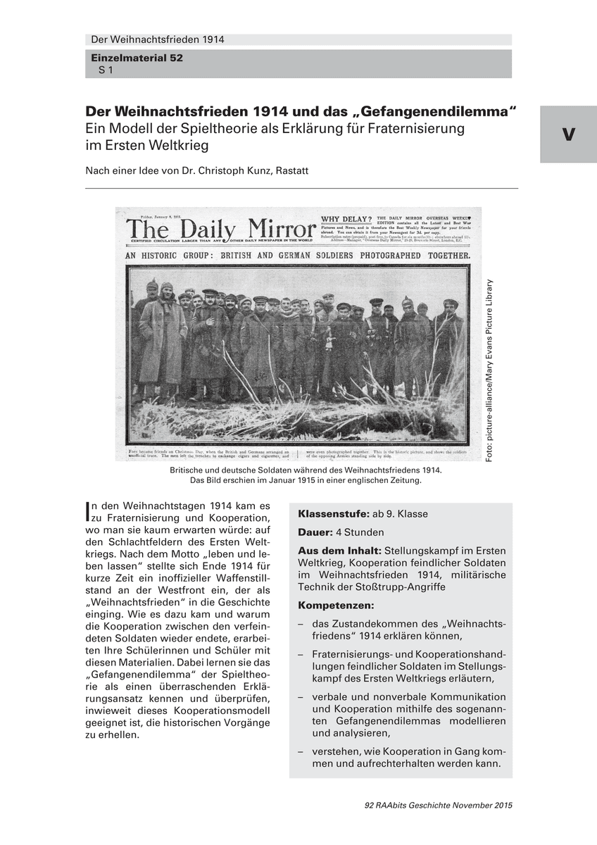 Der Weihnachtsfrieden 1914 und das „Gefangenendilemma“ Der Weihnachtsfrieden 1914 und das „Gefangenendilemma“