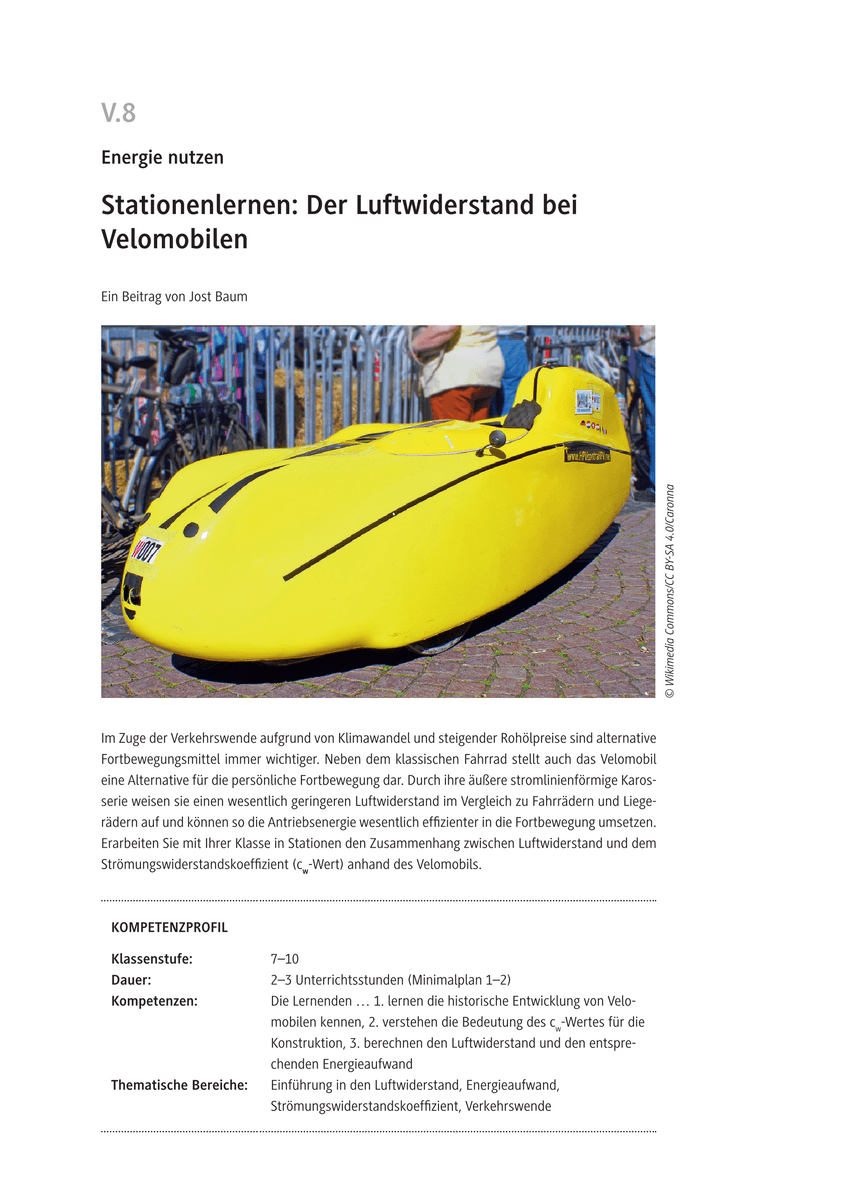 Stationenlernen: Der Luftwiderstand bei Velomobilen Stationenlernen: Der Luftwiderstand bei Velomobilen
