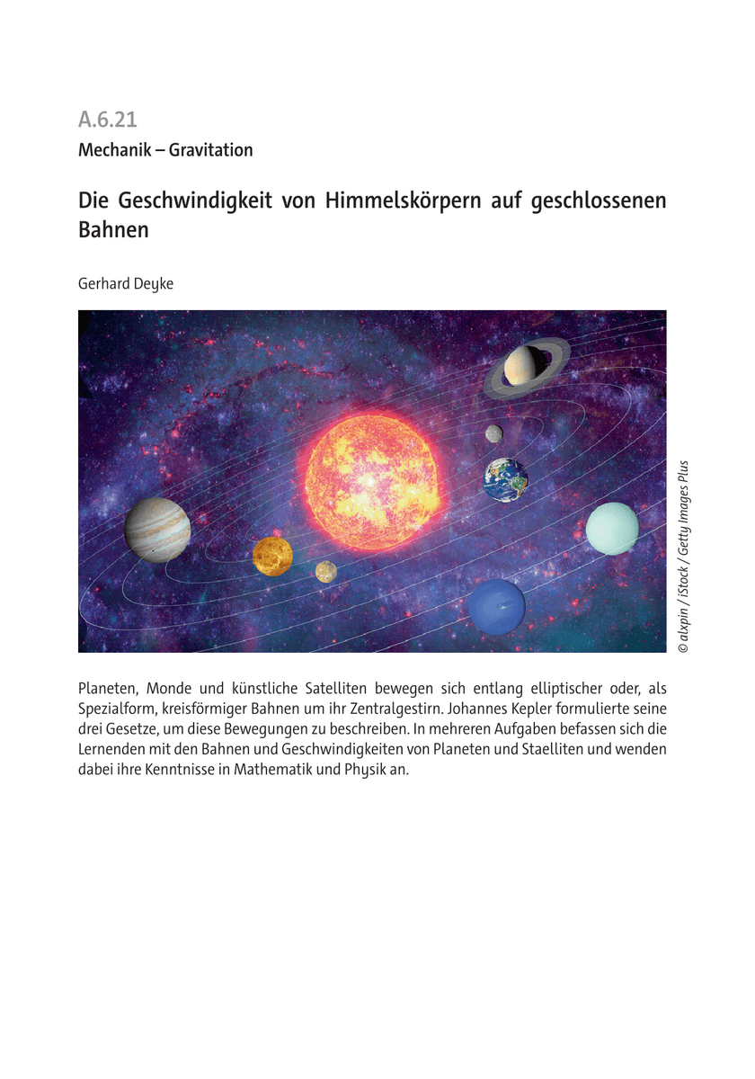 Die Geschwindigkeit von Himmelskörpern auf geschlossenen Bahnen Die Geschwindigkeit von Himmelskörpern auf geschlossenen Bahnen