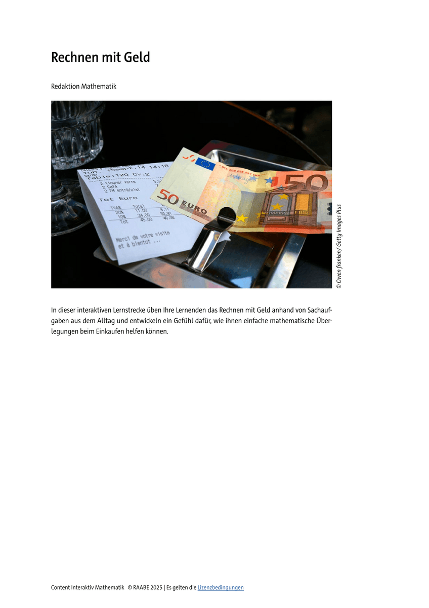 Üben: Rechnen mit Geld Üben: Rechnen mit Geld