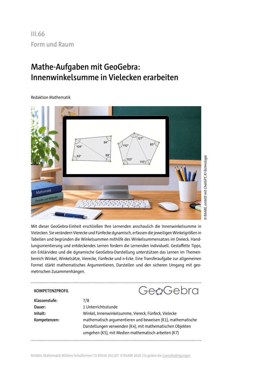 Mathe-Aufgaben mit GeoGebra: Innenwinkelsumme in Vielecken erarbeiten Mathe-Aufgaben mit GeoGebra: Innenwinkelsumme in Vielecken erarbeiten