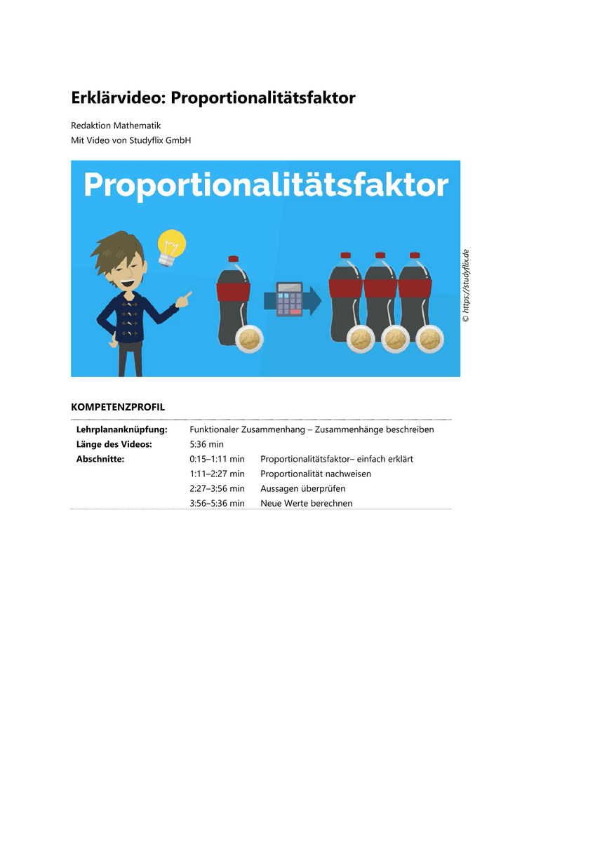 Lernen: Erklärvideo Proportionalitätsfaktor Lernen: Erklärvideo Proportionalitätsfaktor
