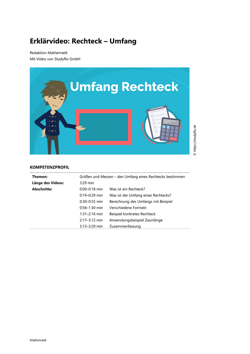Lernen: Erklärvideo Rechteck – Umfang Lernen: Erklärvideo Rechteck – Umfang
