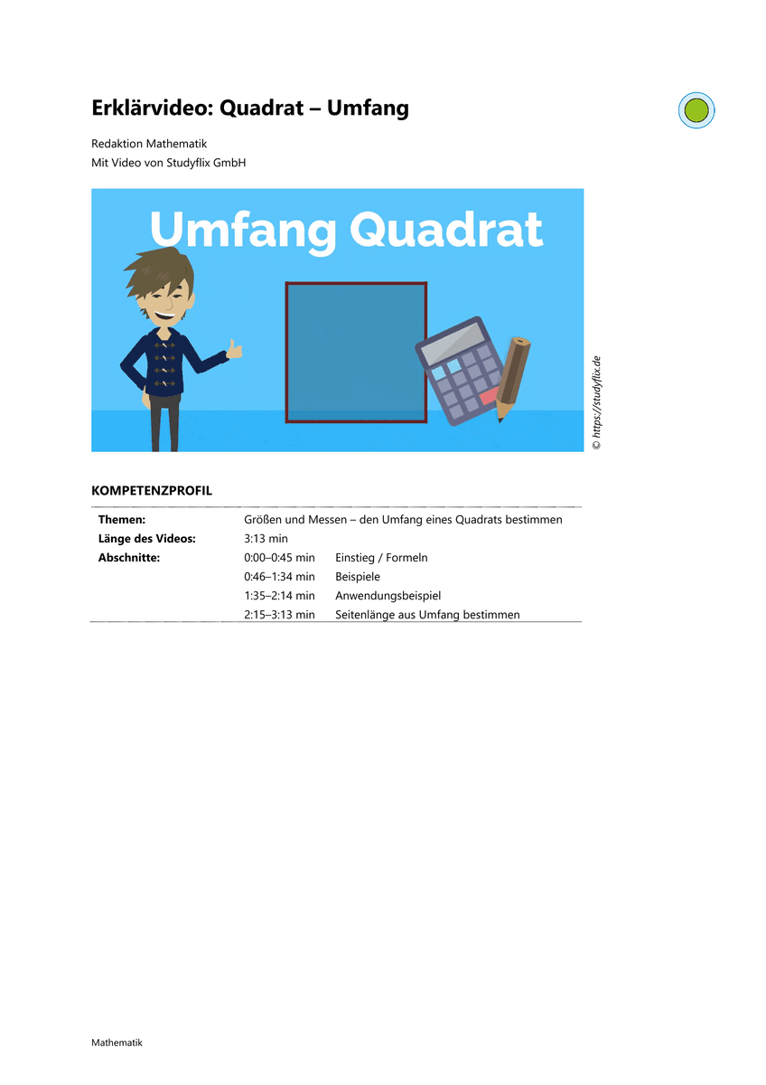 Lernen: Erklärvideo Quadrat – Umfang Lernen: Erklärvideo Quadrat – Umfang