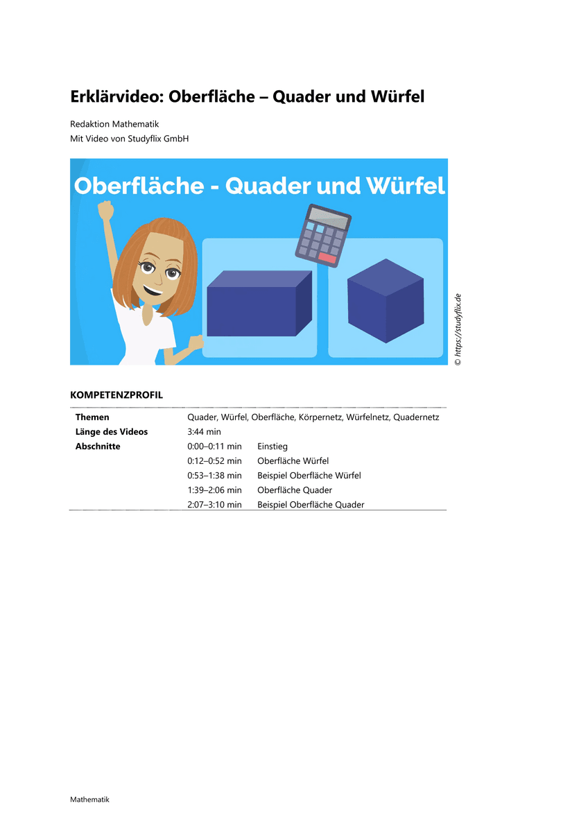 Lernen: Erklärvideo Oberfläche – Quader und Würfel Lernen: Erklärvideo Oberfläche – Quader und Würfel
