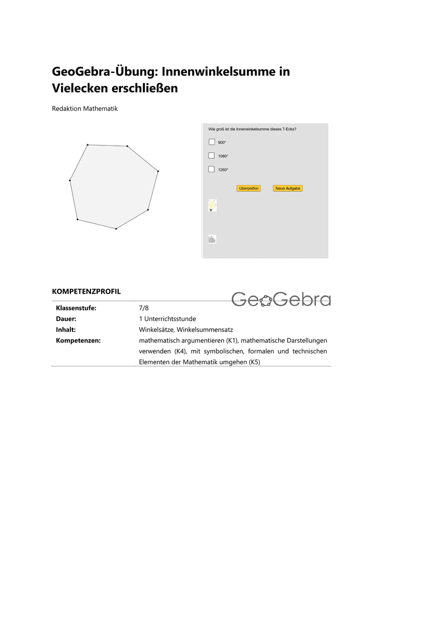 Üben: GeoGebra Innenwinkelsumme in Vielecken erschließen Üben: GeoGebra Innenwinkelsumme in Vielecken erschließen