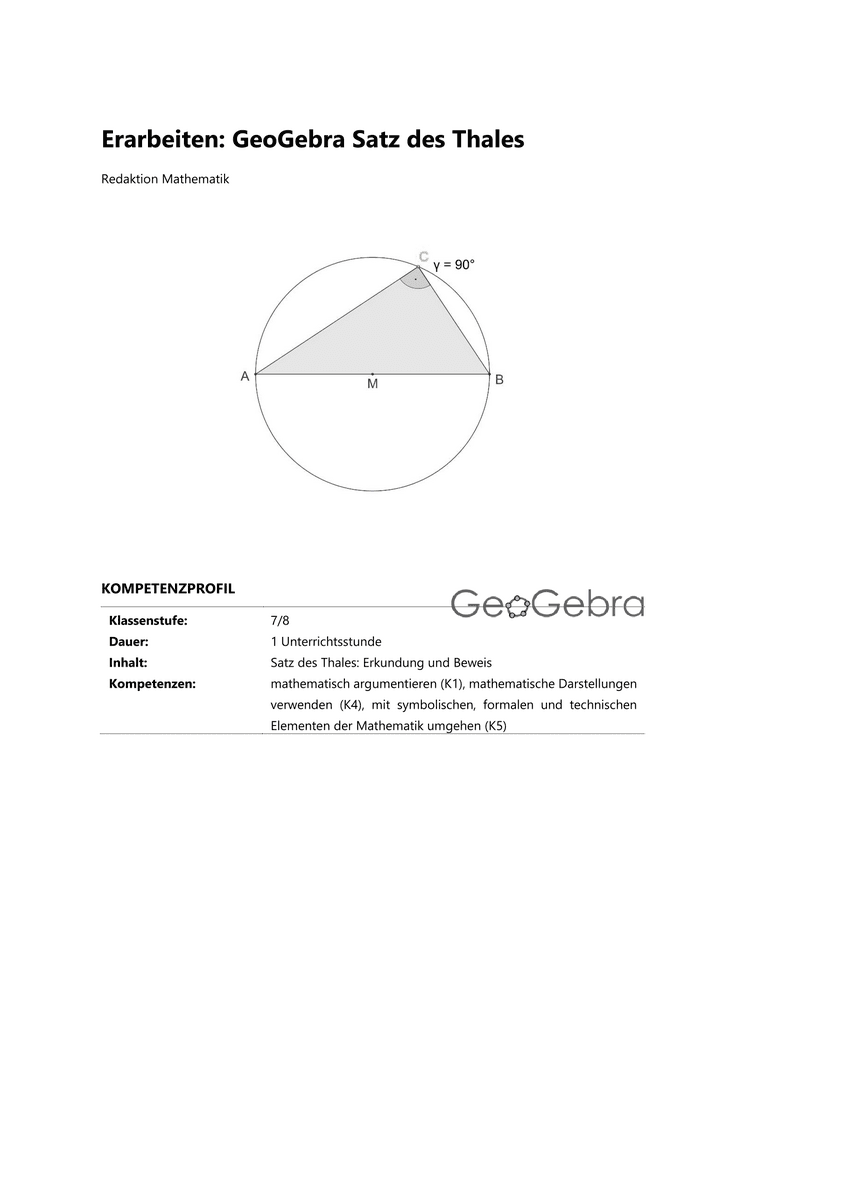 Erarbeiten: GeoGebra Satz des Thales Erarbeiten: GeoGebra Satz des Thales