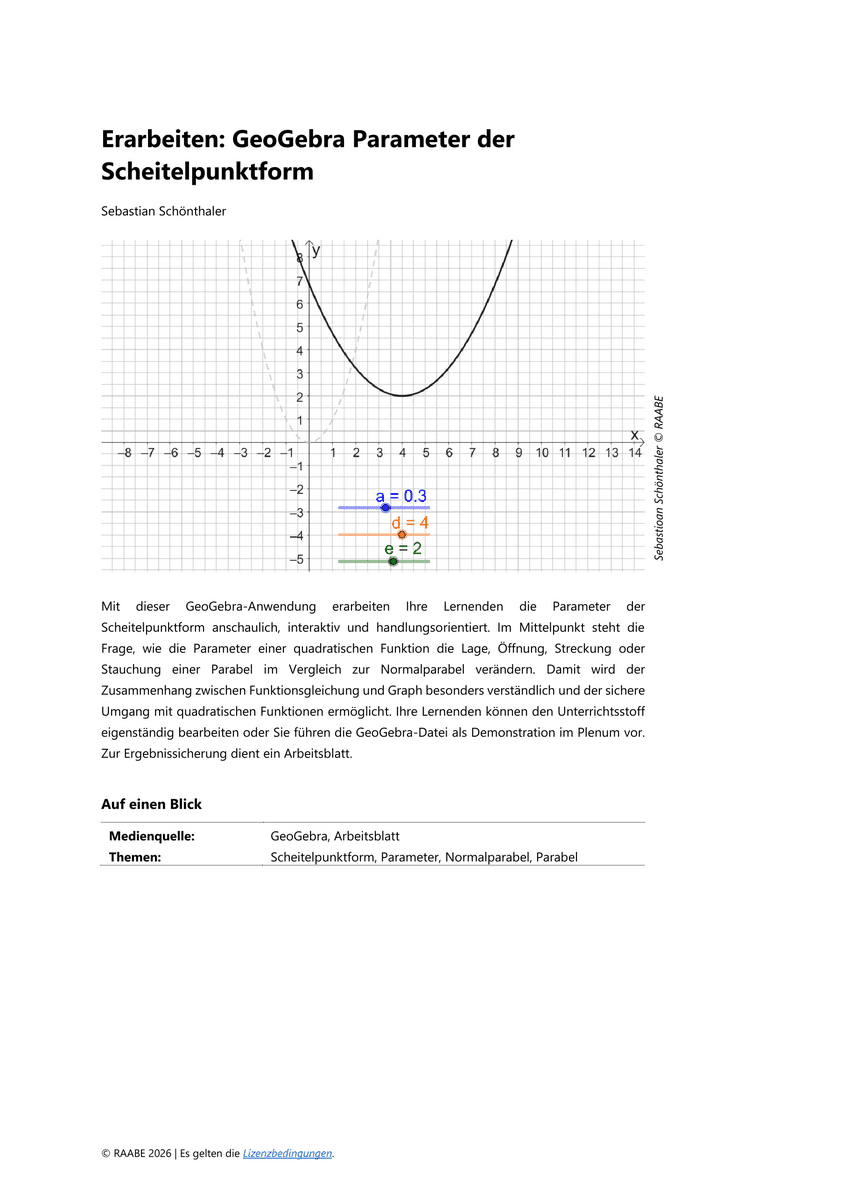 Erarbeiten: GeoGebra Parameter der Scheitelpunktform bei quadratischen Funktionen Erarbeiten: GeoGebra Parameter der Scheitelpunktform bei quadratischen Funktionen